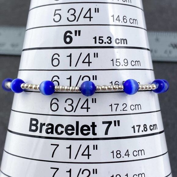 Vintage Sterling Silver 925 5mm Blue Synthetic Cat's Eye Bracelet 7" - Picture 4 of 5